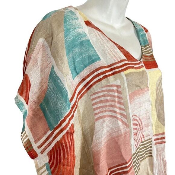Chicos Womens 100% Linen Geo Blocks Poncho Colorful Oversized Top NWT sz S / M - Picture 4 of 16